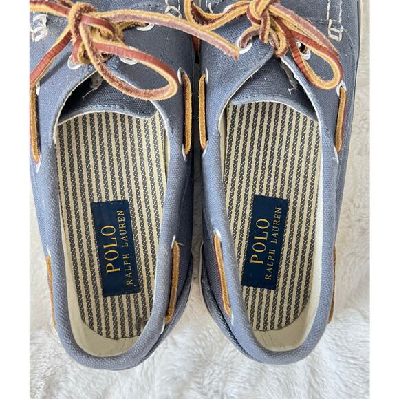 Ralph Lauren Polo Canvas SANDER Blue Slip On Boat Shoes Mens 9.5 Leather Laces - Picture 2 of 10